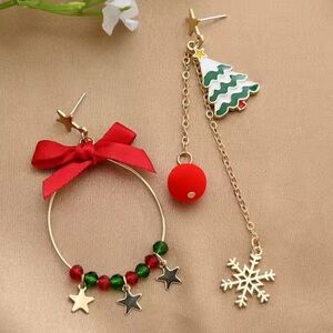 Festive Christmas Earrings with Red Bow and Tree Charm